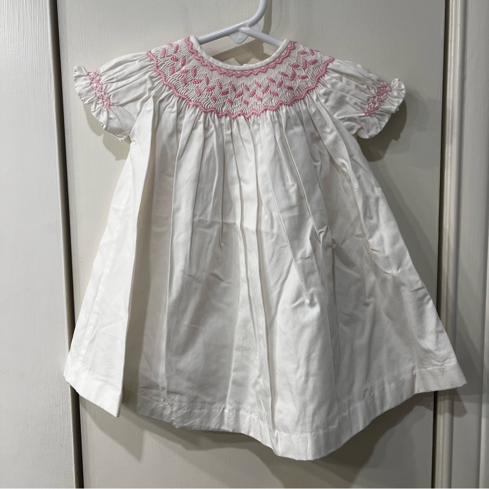 White and Pink Smocked Kids Dress